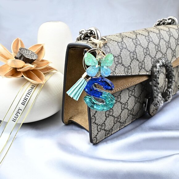 🆕 Women Blue Initial letter Keychains Tassel Butterfly Cute Car Wallet Backpack - Picture 6 of 6